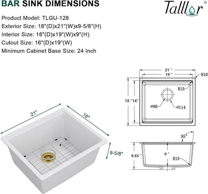 21 Undermount Bar Sink Workstation - 21”x18" Undermount Wet Bar Sink White Granite Composite Quartz Classic Single Bowl Under Counter Small Prep Rv Kitchen Sinks #TLGU-128