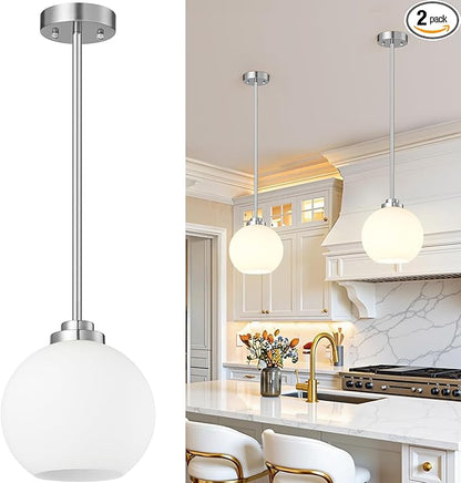2 Pack 7.2-Inch Globe Pendant Lights, Mid Century Brushed Nickel Pendant Light Fixtures, Globe Pendant Lights Kitchen Island with Milk Glass Shade Hanging Fixture for Dining Room Bulbs not Included