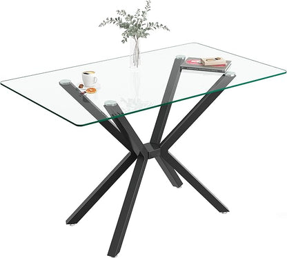 Glass Dining Table,47'' Rectangular Dining Kitchen Table,Modern X-Design Dining Room Table with Black Metal Base for Dining Room
