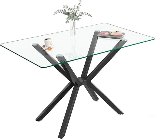 Glass Dining Table,47'' Rectangular Dining Kitchen Table,Modern X-Design Dining Room Table with Black Metal Base for Dining Room
