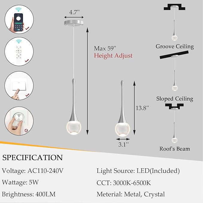 Modern Pendant Light LED Crystal Chandelier for Kitchen Island Dimmable Crystal Pendant Lighting for Dining Room Bedroom Silver