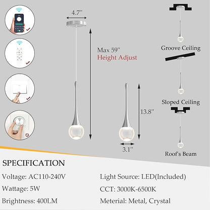 Modern Pendant Light LED Crystal Chandelier for Kitchen Island Dimmable Crystal Pendant Lighting for Dining Room Bedroom Silver