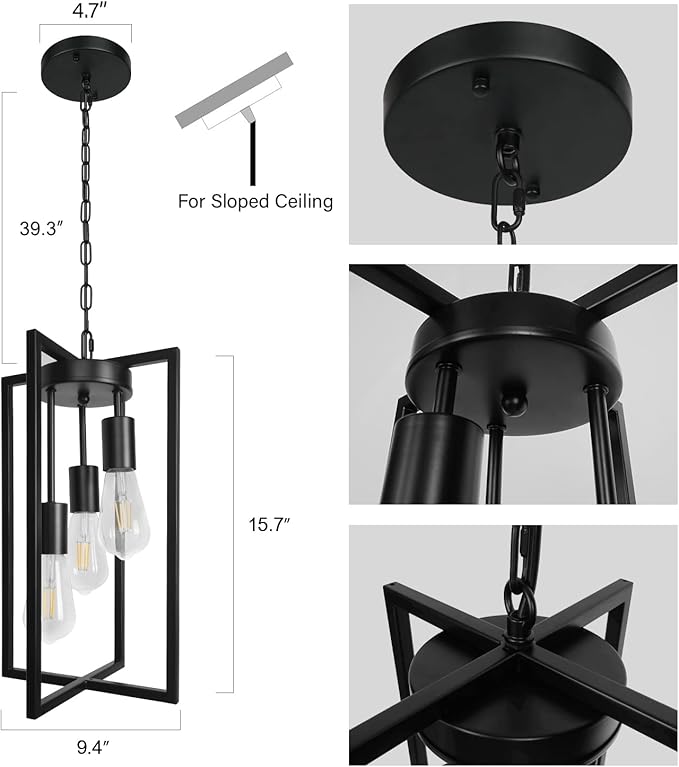 Modern Black Industrial Farmhouse Pendant Lighting, Rectangle Metal Cage Chandelier Hanging Light Fixture for Kitchen Island, Dining Room, Entryway, Hallway (3-Light)