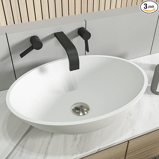 Cpingao 20" X 14" Oval Solid Surface Matte White Vessel Sink and Pop Up Drain Combo Egg Shape Above Counter Bathroom Vanity Bowl Sink, 2223