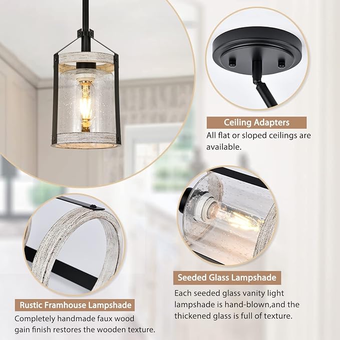 Farmhouse Pendant Light, Seeded Glass Kitchen Light with Metal Cage, Rustic Hanging Pendant Lighting Fixture with Distressed Wood Finish, Modern Farmhouse Island Light for Dining Room, Foyer