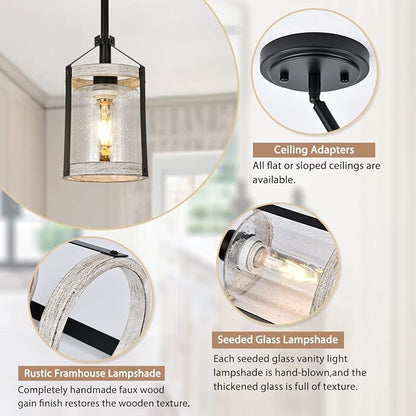 Farmhouse Pendant Light, Seeded Glass Kitchen Light with Metal Cage, Rustic Hanging Pendant Lighting Fixture with Distressed Wood Finish, Modern Farmhouse Island Light for Dining Room, Foyer