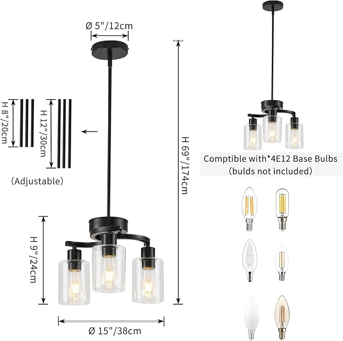 3 Lights Farmhouse Black Chandeliers Adjustable Height Hanging Modern Industrial Ceiling Pendant Lights for Kitchen Island Living Room Foyer Entry Bedroom Staircase