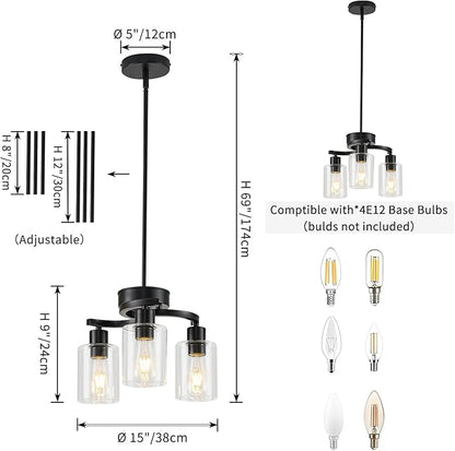 3 Lights Farmhouse Black Chandeliers Adjustable Height Hanging Modern Industrial Ceiling Pendant Lights for Kitchen Island Living Room Foyer Entry Bedroom Staircase