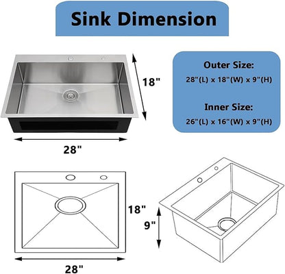 VAPSINT 28 Inch Drop in Kitchen Sink, 28x18 Inch Top Mount 16 Gauge Commercial T304 Stainless Steel Sink for Kitchen, 9 Inch Deep Handmade Single Bowl Basin Laundry Utility Wet Prep Sink, Fregadero