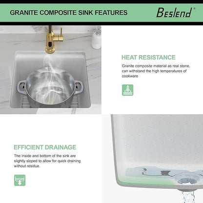 18 Inch White Undermount Sink - Beslend 18x18 White Kitchen Sink Granite Composite Bar Sink Undermount Square Sinks With Cover Small Prep Bar Workstation Sink Single Bowl Under Counter