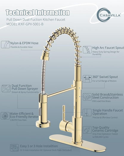 Gold Kitchen Faucet with Soap Dispenser, Pull Down Kitchen Faucet with Sprayer, Single Handle Kitchen Sink Faucet with Dual Function Spray Head, Camper Laundry RV Faucet,PVD