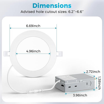 MAXvolador 6 Inch Ultra-Thin LED Recessed Ceiling Light with Junction Box 1200LM High Brightness 6-Pack, 5CCT 3000K/3500K/4000K/5000K/6500K Selectable, Dimmable Canless Wafer Downlight 12W 110W Eqv
