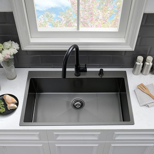 33 Black Kitchen Sink with Faucet Combo-VASOYO 33 x 22 Drop In Kitchen Sink Top Mount Black Stainless Steel Deep Single Bowl Over Mount Sinks with Faucet Combo Set