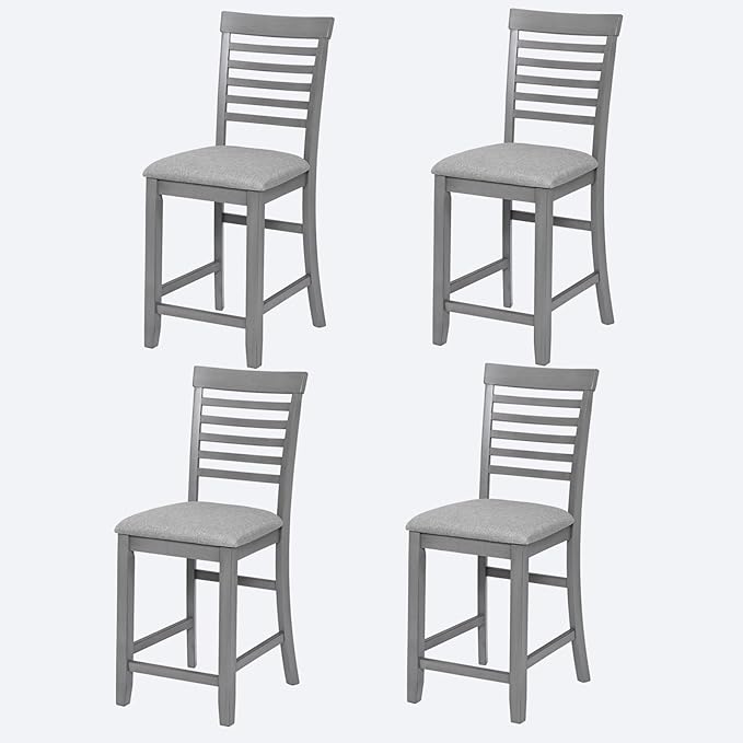 Set of 4 Dining Chairs, Wooden Kitchen Chairs with Padded Cushion, Upholstered Stools for Kitchen Island, Dining Room, Living Room, Easy Assembly (Gray - Ladder backrest)