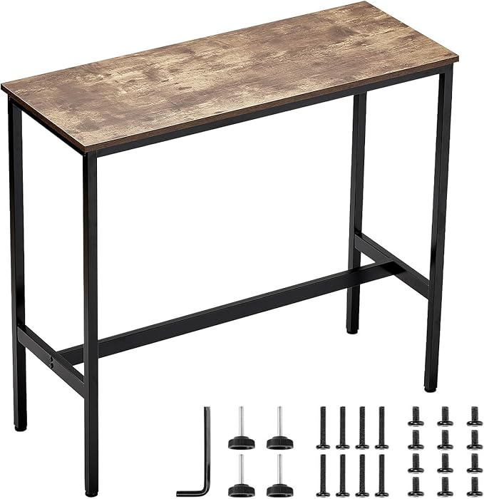VEVOR Bar Table, Sturdy Metal Frame High Top Pub Table, Narrow Long Kitchen Dining, Cocktail Counter Bar Height Desk, Easy to Assemble,39x16x35.5 in, for Living Room Party, Rustic Brown and Black