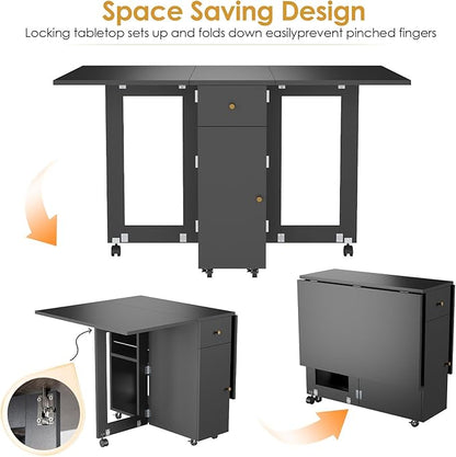 LotFun Folding Dining Table, Space Saving Table with 6 Wheels, Movable Kitchen Dining Table for Small Spaces, Drawer and 2-Tier Storage Racks