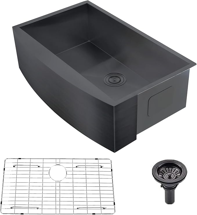 Comllen Commercial 33 inch 304 Stainless Steel Farmhouse Sink, Single Bowl Kitchen Sinks 16 Gauge 9 Inch Deep Handmade Undermount Farm Apron Front Kitchen Sink, Gunmetal Black