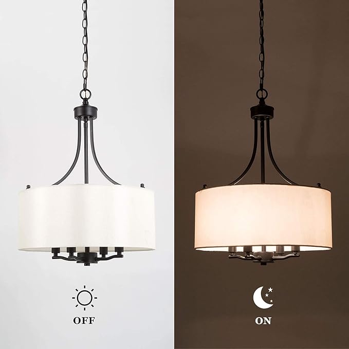 LALUZ Drum Lighting Chandelier, Farmhouse Chandeliers for Dining Room, Kitchen Island, Linen Fabric Shade, 16'' Dia