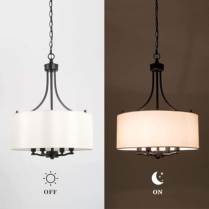 LALUZ Drum Lighting Chandelier, Farmhouse Chandeliers for Dining Room, Kitchen Island, Linen Fabric Shade, 16'' Dia