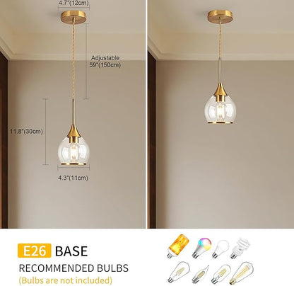 1-Piece Island Light for Kitchen, 1-Light Gold Kitchen Island Hanging Pendant Light with Clear Round Glass Shades, Brushed Gold Finish Dining Room Light Fixture Over Table