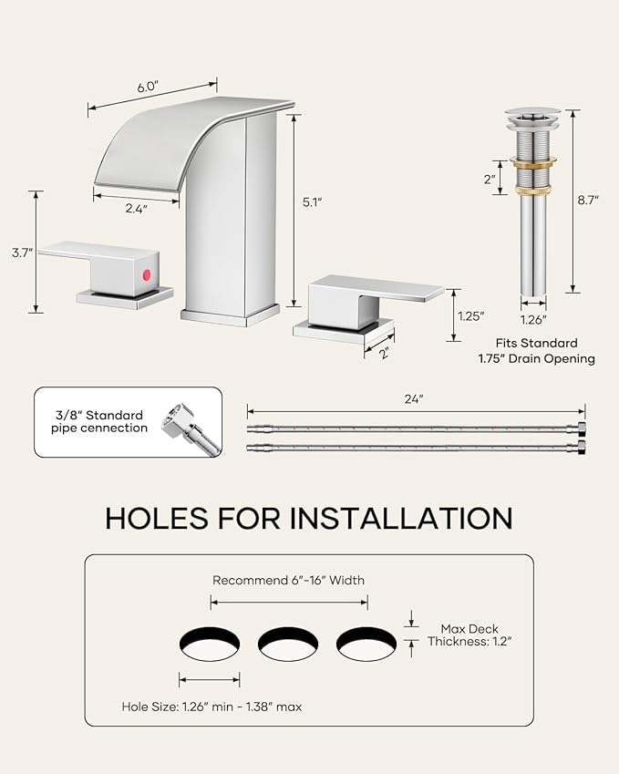 AVSIILE Waterfall Bathroom Faucet 3 Hole, Chrome 8 Inch Widespread Modern 3 Piece Bathroom Sink Faucet, Touch On Lavatory Faucet for Vanity RV Restroom, Curved Spout