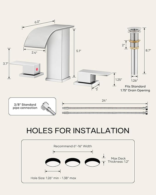 AVSIILE Waterfall Bathroom Faucet 3 Hole, Chrome 8 Inch Widespread Modern 3 Piece Bathroom Sink Faucet, Touch On Lavatory Faucet for Vanity RV Restroom, Curved Spout
