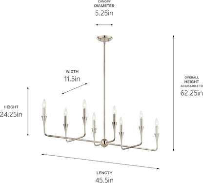 Kichler Alvaro 8-Light Linear Chandelier, Soft Modern Light in Polished Nickel, for Dining Room or Kitchen (24.25" x 11.5" x 45.5"), 52693PN