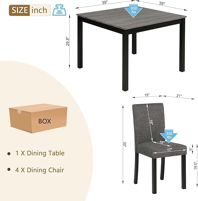 5-Piece Dining Table Set for 4, Wooden Kitchen Table and Chairs Set of 4, Square Dining Room Table with Upholstered Seats for Kitchen and Dining, Light Grey & Black Two Tone