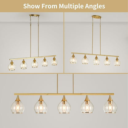 Island Light for Kitchen, 5-Light Gold Kitchen Island Linear Hanging Light Chandeliers, Brushed Gold Dining Room Light Fixture Over Table with Clear Round Glass Shades