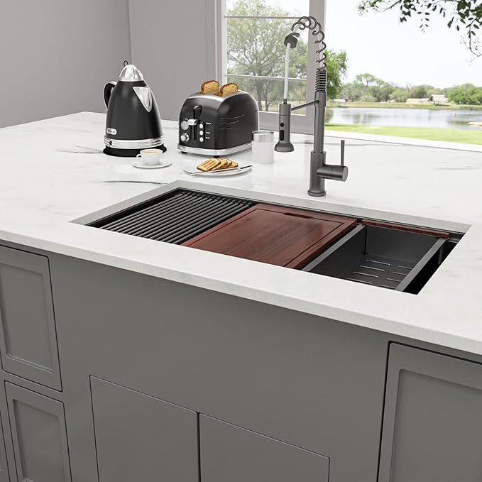 Lordear Matte Black 30 Undermount Kitchen Sink Ledge Workstation T304 16 Gauge Stainless Steel Single Bowl Under Counter Kitchen Sink Basin with Built-in Accessories 30x19x10 Inch