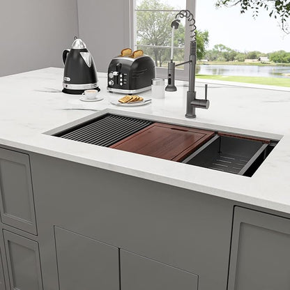 Lordear Matte Black 30 Undermount Kitchen Sink Ledge Workstation T304 16 Gauge Stainless Steel Single Bowl Under Counter Kitchen Sink Basin with Built-in Accessories 30x19x10 Inch