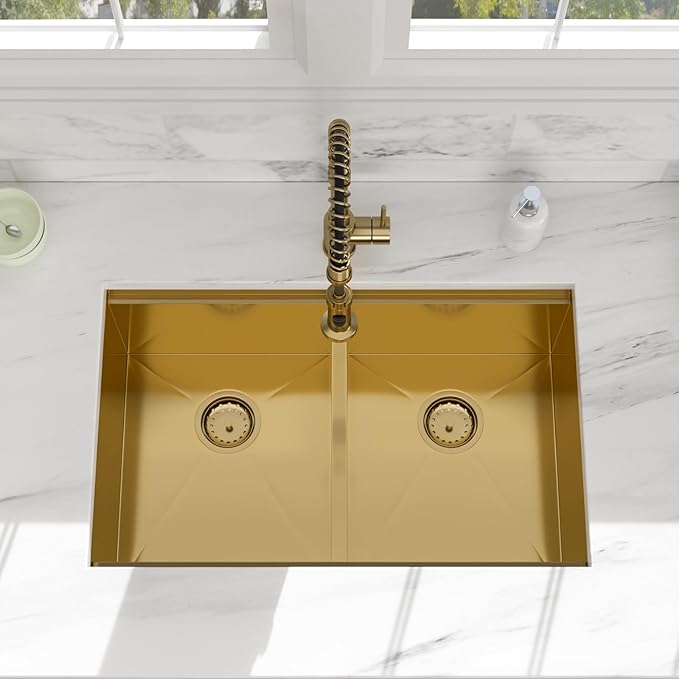 30 Gold Undermount Kitchen Sink - Beslend 30x19 Gold Double Bowl Kitchen Sinks Workstation 16 Gauge Stainless Steel Golden Sink Low Divide Double Basin 50/50