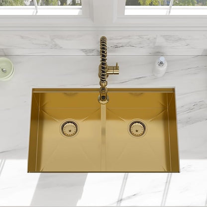 30 Gold Undermount Kitchen Sink - Beslend 30x19 Gold Double Bowl Kitchen Sinks Workstation 16 Gauge Stainless Steel Golden Sink Low Divide Double Basin 50/50