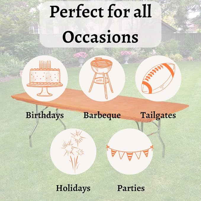 Kwik-Covers 10 Pack of Rectangular Plastic Table Covers - 6' Foot or 8' Foot Options - Indoor or Outdoor Fitted Table Covers (Table NOT Included) (Orange, 30" x 96" (8' ft))