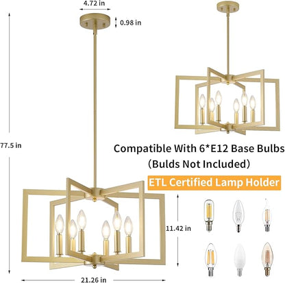Dining Room Light Fixture, 6-Light Gold Chandelier Modern Metal Industrial Chandelier Lighting for Farmhouse Living Room Kitchen Entryway (Gold, E12 Bulbs Not Included)