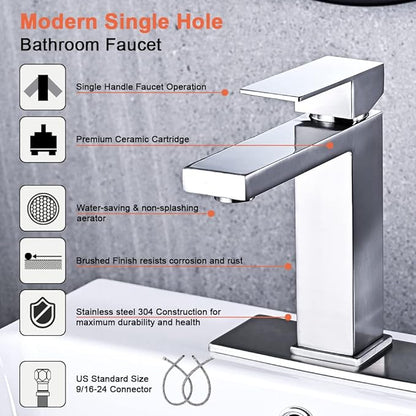 AVSIILE Brushed Nickel Bathroom Faucet, Single Hole Vanity Bath Faucet, Single Handle Modern Stainless Steel Bathroom Faucets for Sink 1 Hole with Pop Up Drain Stopper & Water Supply Hoses