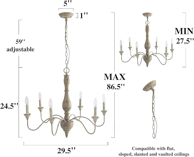 6-Light French Country Chandelier, Handmade Real Wood Farmhouse Chandelier, Distressed Finish Light Fixture for Dining Room, Living Room, Bedroom, Kitchen, Stairway, Kitchen