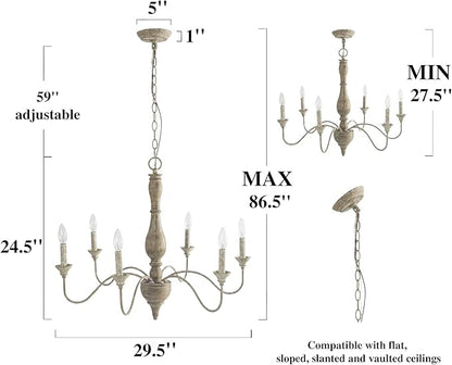6-Light French Country Chandelier, Handmade Real Wood Farmhouse Chandelier, Distressed Finish Light Fixture for Dining Room, Living Room, Bedroom, Kitchen, Stairway, Kitchen