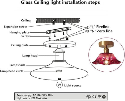 Glass Flower Ceiling Light Purple Red Hallway Light Fixtures Vintage Gold Floral Glass Semi Flush Mount Ceiling Light Farmhouse Close to Ceiling Light for Entryway Porch Bathroom Balcony