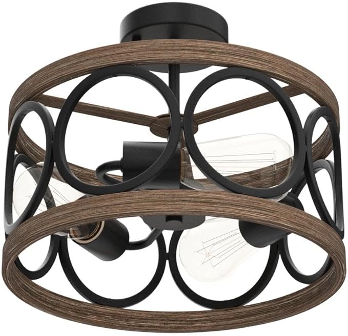 MEIXISUE Semi Flush Mount Modern Farmhouse Ceiling Light Fixtures,3-Lights Black and Retro Wood Finish,Drum Shade Rustic Light Fixtures for Entryway Hallway Foyer Kitchen Dining Room Bedroom