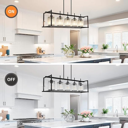 DSMJFU Black Farmhouse Rectangular Chandelier for Dining Room, 5-Light Linear Pendant Lighting, Rectangular Kitchen Island Light with Crystal Shades, Adjustable Height Rectangle Hanging Lighting