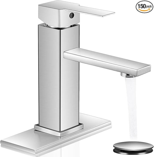 Brushed Nickel Bathroom Faucet YXOCVIR Single Hole with Pop-up Drain Single Handle Bathroom Faucet Suitable for Vanity Sinks RV Suitable for 1 or 3-Hole Installation