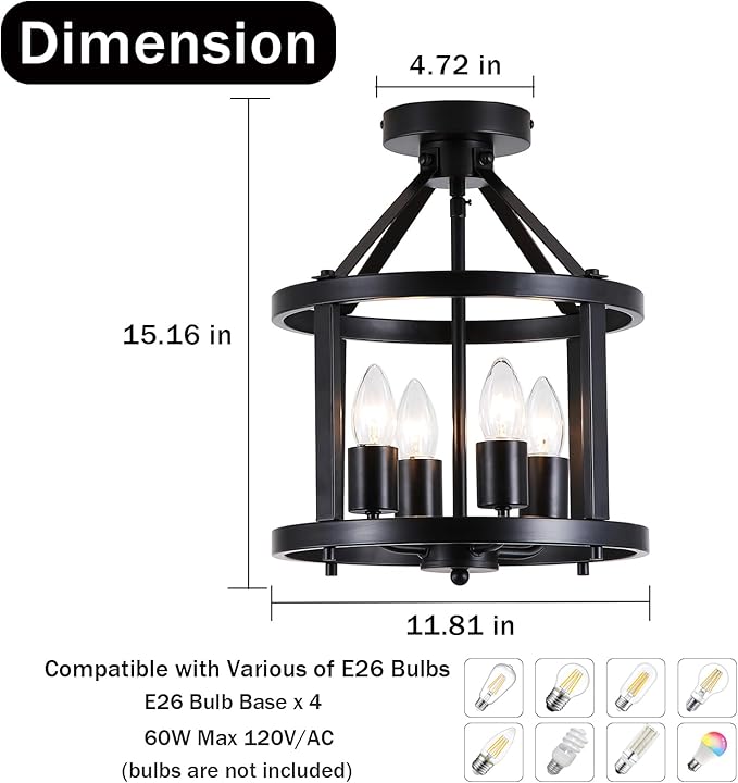 Black Flush Mount Ceiling Light Fixture, 4-Light Farmhouse Semi Flush Mount Ceiling Light, Industrial Metal Chandelier Ceiling Lamp for Dining Room Hallway Entryway Kitchen, E26 Socket