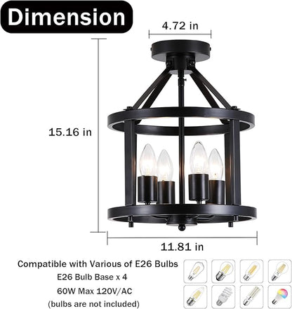Black Flush Mount Ceiling Light Fixture, 4-Light Farmhouse Semi Flush Mount Ceiling Light, Industrial Metal Chandelier Ceiling Lamp for Dining Room Hallway Entryway Kitchen, E26 Socket
