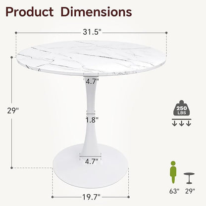 Round Dining Table 31.5" Faux Marble White Tulip Table with Pedestal Base for 2-4 People Small Space - Kitchen Living Room Cafe