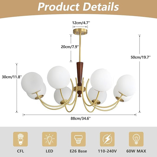 KCO Lighting 8 Light Brass Gold Chandelier White Milk Glass Pendant Light Mid Century Modern Dining Room Chandelier Vintage Chandeliers for Bedroom