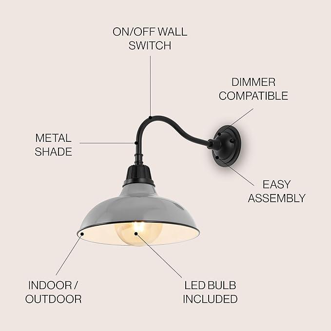 JONATHAN Y 12.25" Gray/Black Farmhouse Industrial Outdoor Sconce, LED Gooseneck Wall Light for Porch, Metal Bowl Shade, Dimmable Vintage Exterior Fixture, LED Bulb Included (JYL7613D)