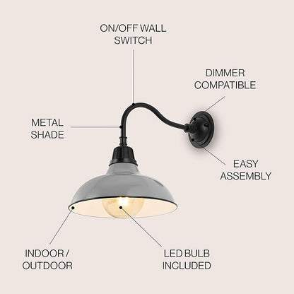 JONATHAN Y 12.25" Gray/Black Farmhouse Industrial Outdoor Sconce, LED Gooseneck Wall Light for Porch, Metal Bowl Shade, Dimmable Vintage Exterior Fixture, LED Bulb Included (JYL7613D)