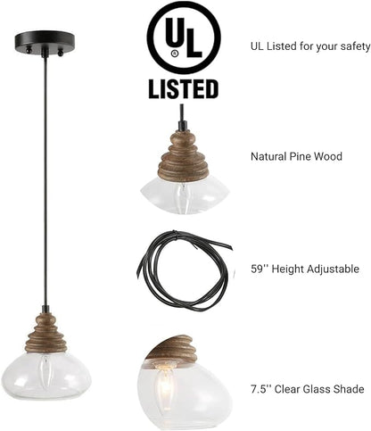 KSANA Pendant Lights Kitchen Island, 1-Light Farmhouse Kitchen Pendant Lighting Over Island, 7.5'' Rustic Wood Pendant Light Fixtures with Clear Glass Shade