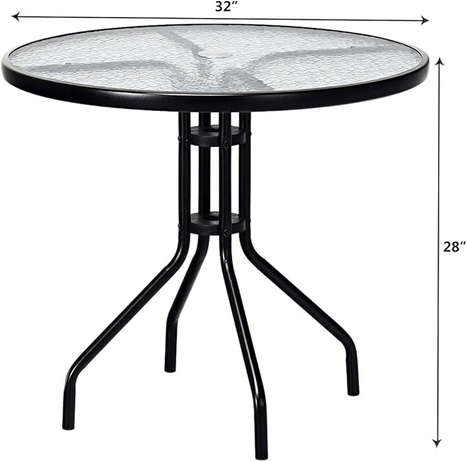 Tangkula 32” Outdoor Dining Table Round, Tempered Glass Top Steel Frame with 1.6 inch Umbrella Hole, All Weather Patio Side Table for Backyard Lawn Balcony Poolside or Garden